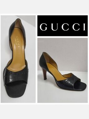 Gucci Vintage Black Leather D'Orsay Wood Heel Pumps Sz 7